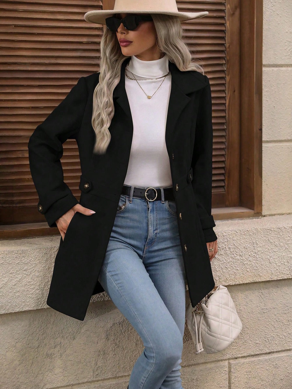 Buy Elegant Single-Breasted Woolen Coat Buttons Lapel Mid-Length Jacket Temperament Commuter Outwear Clothing For Women online at Fashionner.