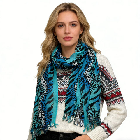 Buy Aqua Blue Geometric Long Boho Scarf,Turquoise Printed Scarf,Versatile Everyday Scarf ,Pairs With All Casual Outfits,Office Appropriate Subtlety For Women Men online at Fashionner.