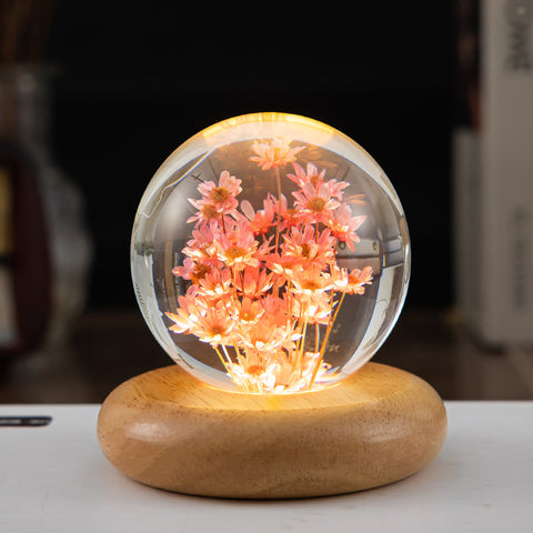 Veilleuse LED Fleur Boule de Cristal Lampe de Nuit pour Enfants avec Base en Bois Lumière Ambiante de Chambre Cadeau Créatif Veilleuse