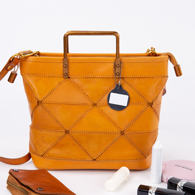 All-match Geometric Stitched Cowhide Women's Bag Work Commute Literary Handbag - Fashionner