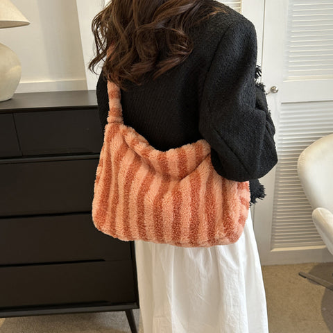 Large-capacity Striped Plush Bag Winter New Fashion Portable Tote Shoulder Bags Shopping Furry Handbags For Women - Fashionner