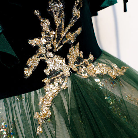 Banquet Sling Temperament Long Dress Dark Green Fantasy Mori - Fashionner