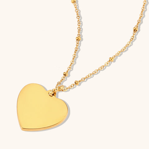 Collier simple en or 18 carats avec pendentif cœur pêche rayé et chaîne de perles