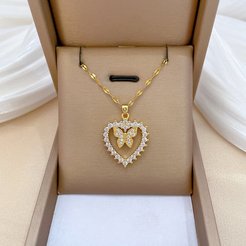 Hollow Zircon Butterfly Love Moon Necklace