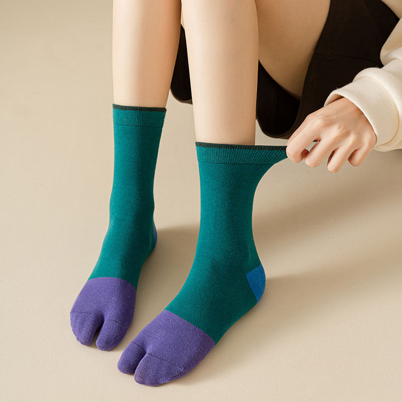 Women's Stitching Summer Thin Fashion Mid-calf Two-toe Socks - Fashionner