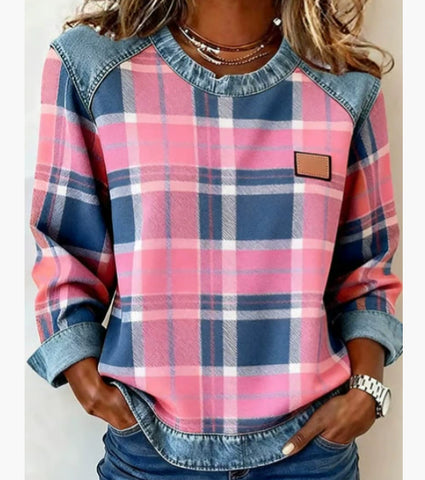 Sweat-shirt en jean patchwork, mode, col rond, pull unique, haut de chemise à manches longues, vêtements pour femmes
