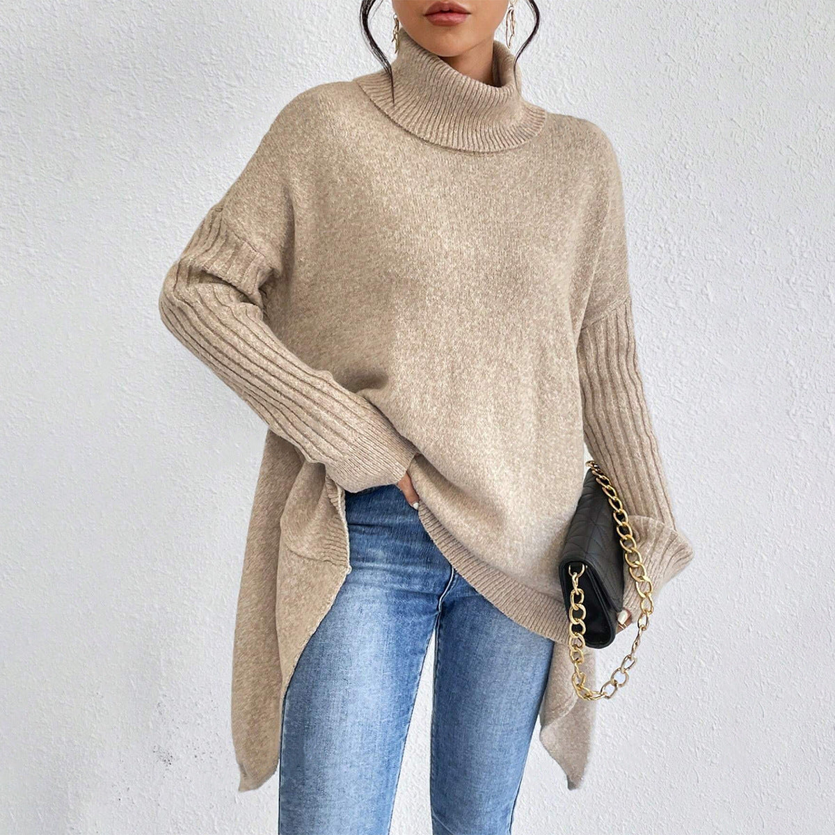 Buy Irregular Turtleneck Sweater Winter Loose Long Sleeve Knitted Tops Leisure Warm Pullover Sweater Women'S Clothing online at Fashionner.