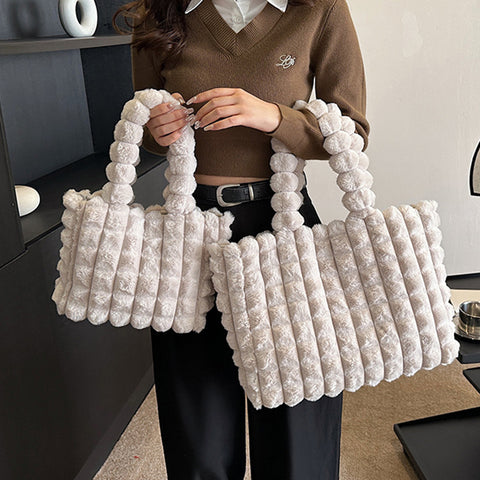Plaid Handbags Winter Fashion High Capacity Shopping Plush Bag Korean Style Personalized Designer Luxury Tote Bags For Women - Fashionner