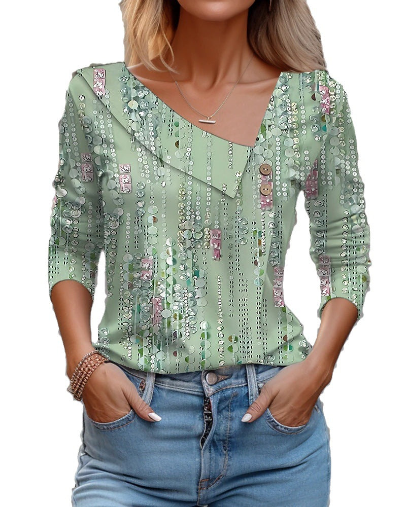 V-neck Long Sleeve T-shirt Floral Print Casual Women's Tops - Fashionner