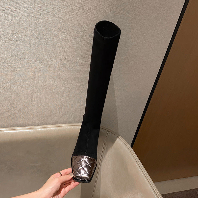 Women's Mid Heel Stitching Knee Boots Chunky Heel Women - Fashionner