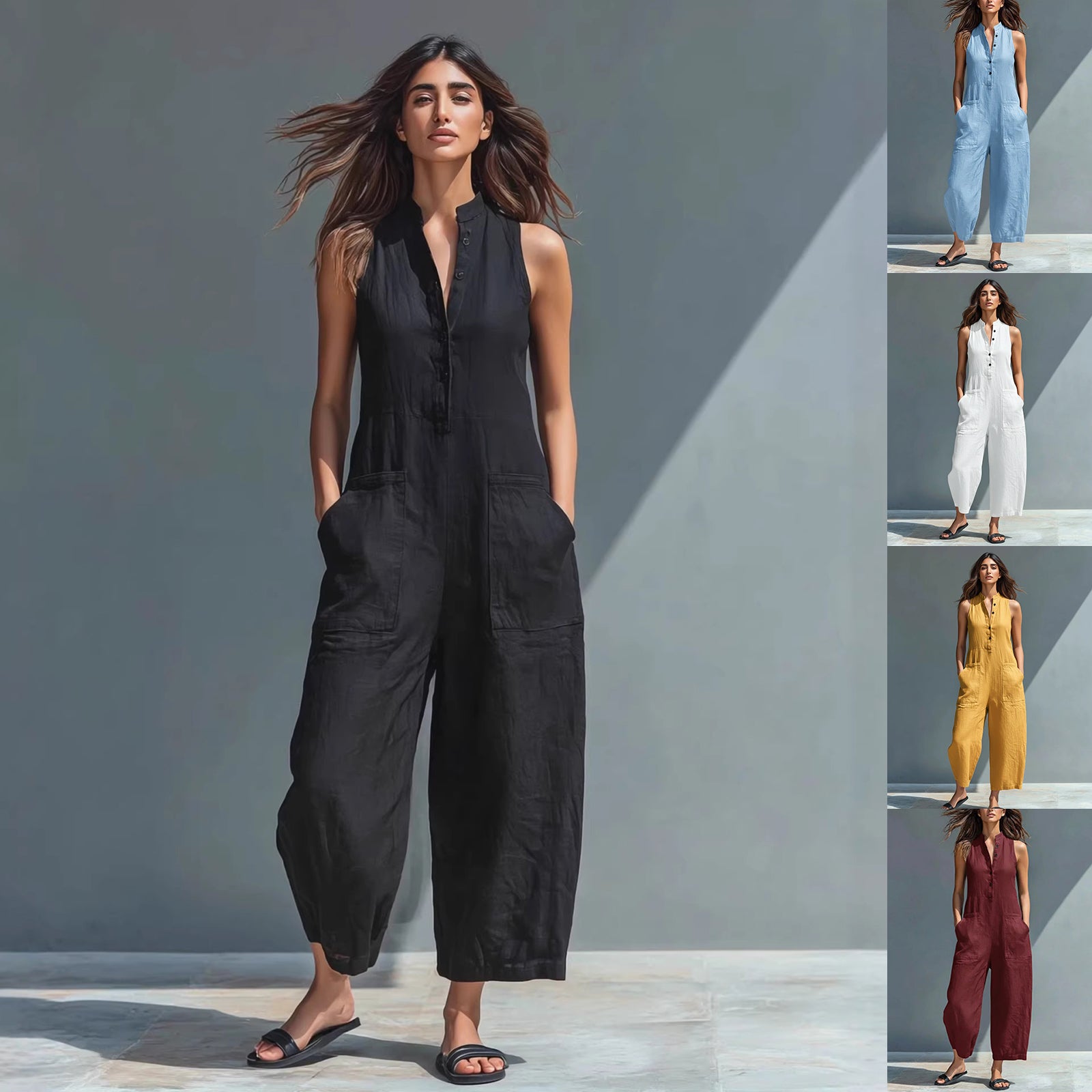 Buy Summer Sleeveless Jumpsuit With Pockets Fashion Casual V-Neck Buttons Trousers Women'S Overall Pants online at Fashionner.