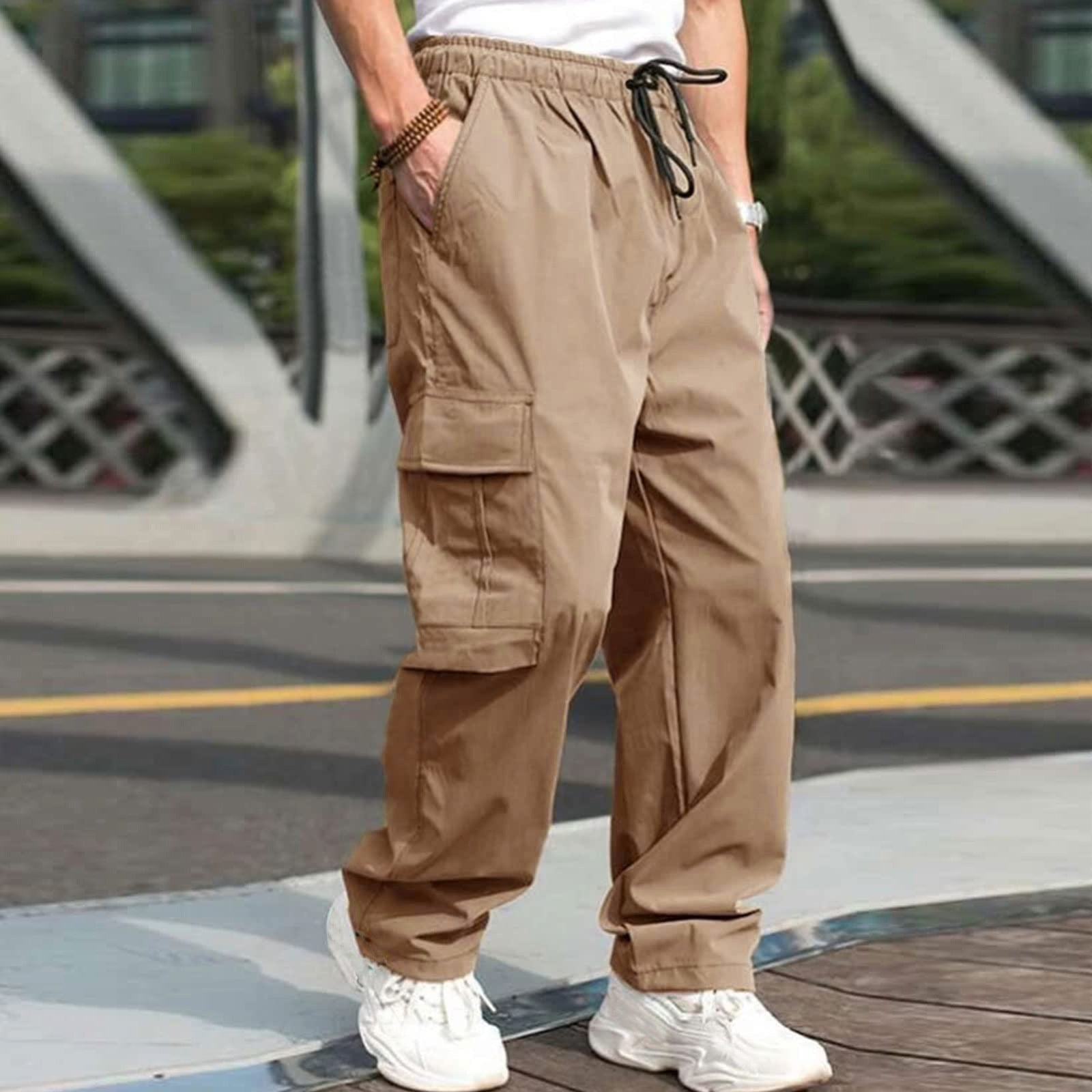 Casual Cargo Pants For Men Loose Straight Drawstring Waist Trousers With Pockets - Fashionner