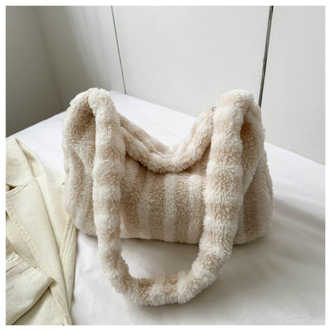 Large-capacity Striped Plush Bag Winter New Fashion Portable Tote Shoulder Bags Shopping Furry Handbags For Women - Fashionner