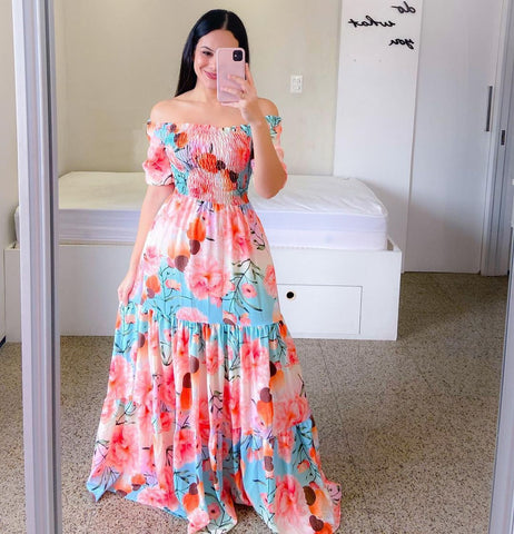 Robe longue florale élégante sans épaules pour femme