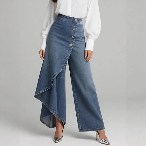 Pantalon coupe droite unique Boutons à grands volants pour femme, en faux jean
