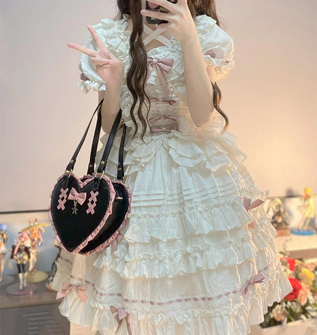 Sac à bandoulière portable en dentelle avec nœud de cœur croisé et jolie forme de cœur