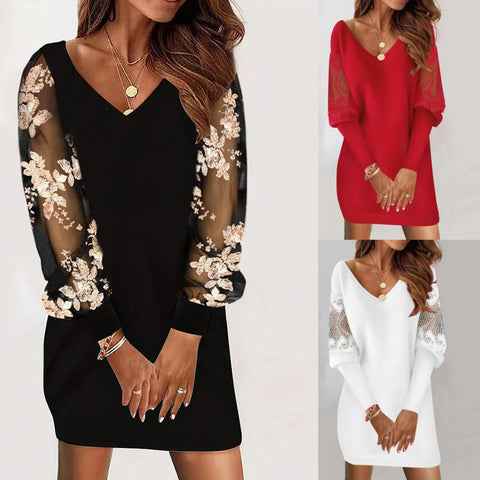 Long-sleeved V-neck Dress Spring And Autumn New Style Lace Splicing Dress For Womens Clothing - Fashionner