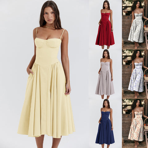 European And American Elegant Palace Style New Low-cut Suspender Large Swing Dress For Women - Fashionner