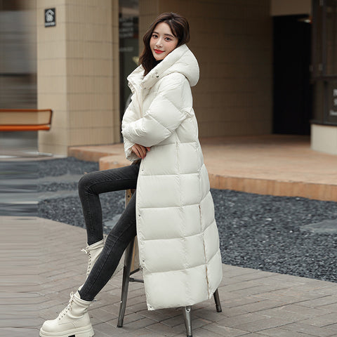 Manteau d'hiver en duvet super long pour femme, doudoune épaisse noire et rouge avec capuche, fermeture éclair, pour rester au chaud en automne et en hiver, tenue décontractée