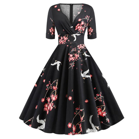 Green Solid Rockabilly S Vintage Ruched V Neck Party Dresses - Fashionner