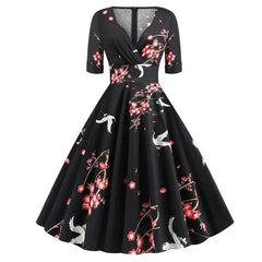 Green Solid Rockabilly S Vintage Ruched V Neck Party Dresses - Fashionner