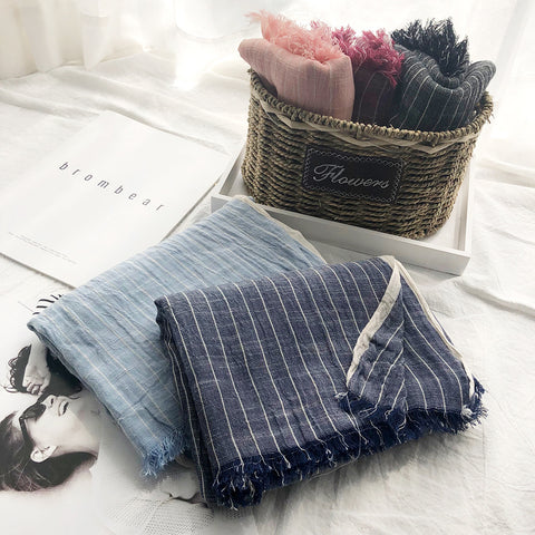 Autumn And Winter Striped Cotton And Linen Pleated Scarf Shawl - Fashionner