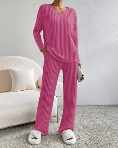 Ensemble De Costume Rayé Uni À La Mode, Haut À Manches Longues Col En V Et Pantalon Droit Décontracté Ample Pour Femmes