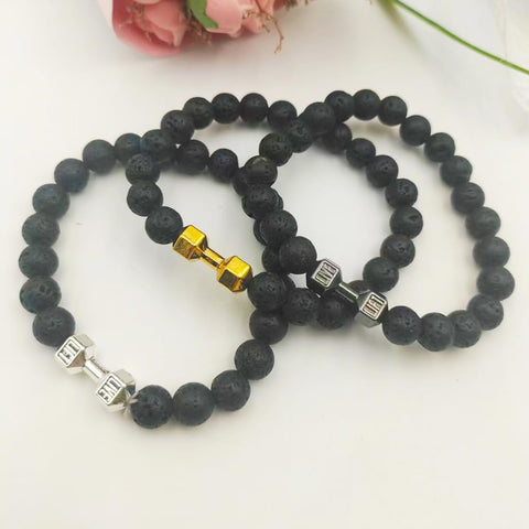 Bracelet d'haltères tendance en alliage de métal, perles de roche de lave et bijoux pour hommes