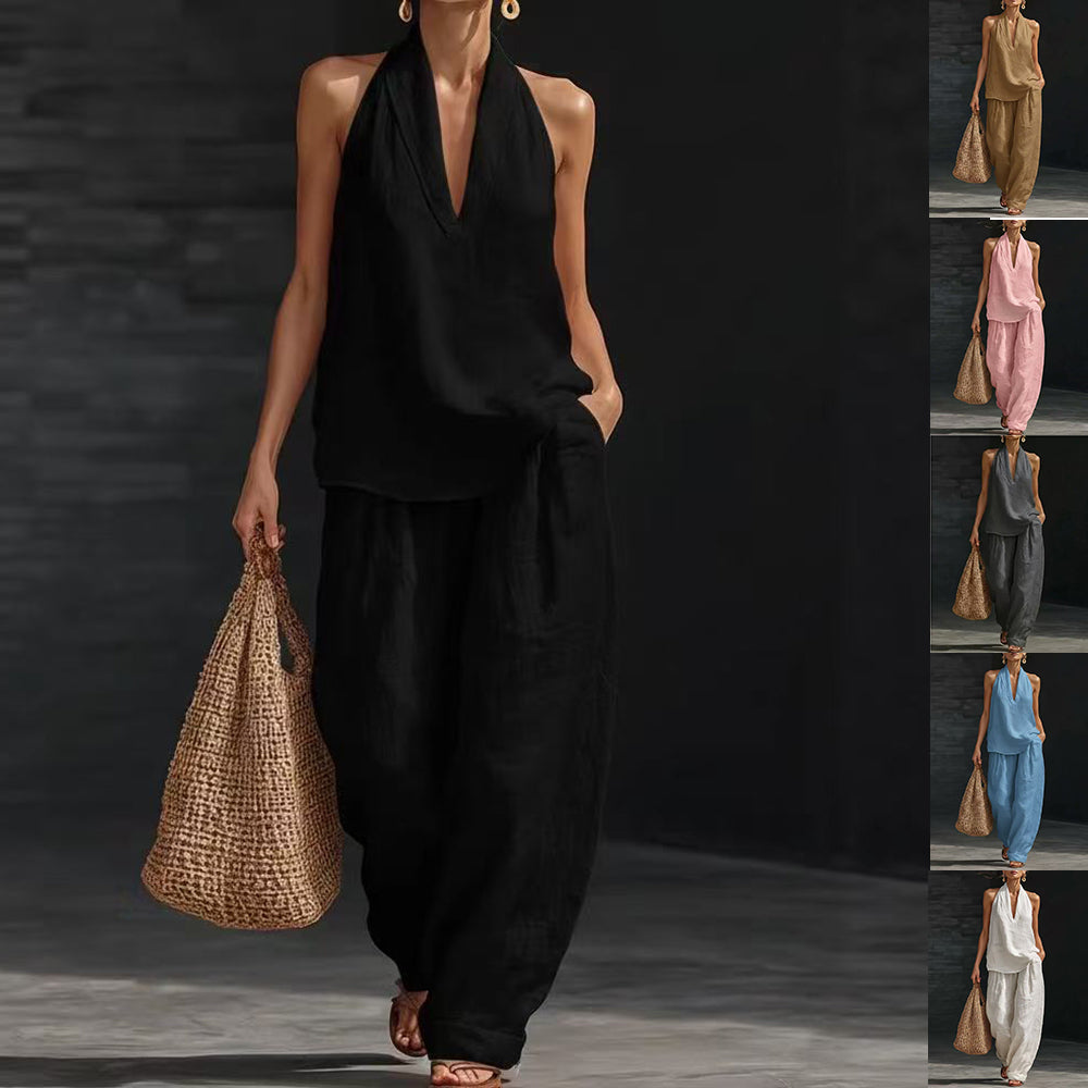 Buy Summer Sleeveless Suits V-Neck Halter Top And Wide-Leg Pants Fashion Casual Straight Trousers Set online at Fashionner
