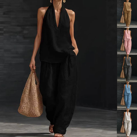 Buy Summer Sleeveless Suits V-Neck Halter Top And Wide-Leg Pants Fashion Casual Straight Trousers Set online at Fashionner