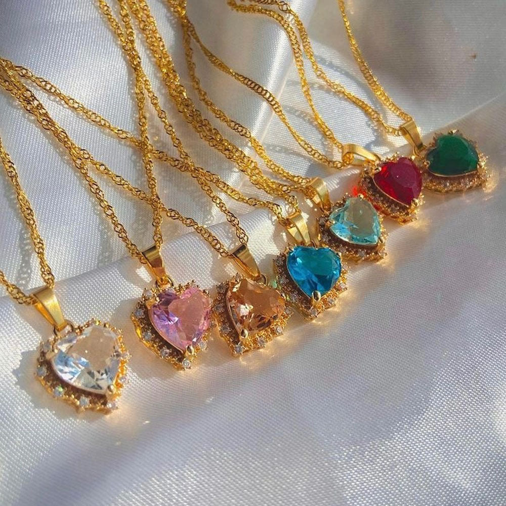 Colorful Rhinestones Heart-shped Necklace Love Gold Clavicle Chain Ins Personalized Jewelry For Women Valentine's Day - Fashionner