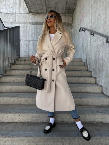 Buy Double-Breasted Lapel Split Jacket With Belt Winter Fashion Casual Long Sleeve Button Daily Coats For Women Clothing online at Fashionner.