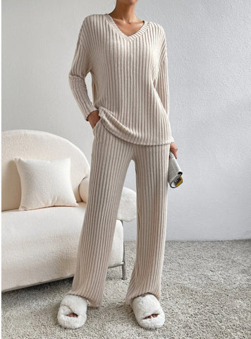 Ensemble De Costume Rayé Uni À La Mode, Haut À Manches Longues Col En V Et Pantalon Droit Décontracté Ample Pour Femmes