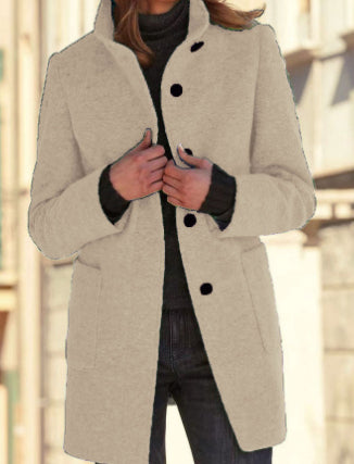 Buy Fashion Stand Collar Woolen Coat With Pockets Fall Winter Casual Button Outwear For Women Clothing online at Fashionner.