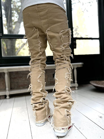 Men Trousers Individual Patched Pants Long Tight Fit Stacked Jeans For Mens Clothing - Fashionner