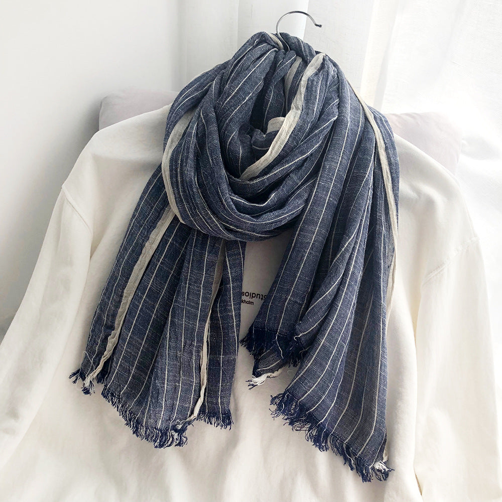 Autumn And Winter Striped Cotton And Linen Pleated Scarf Shawl - Fashionner