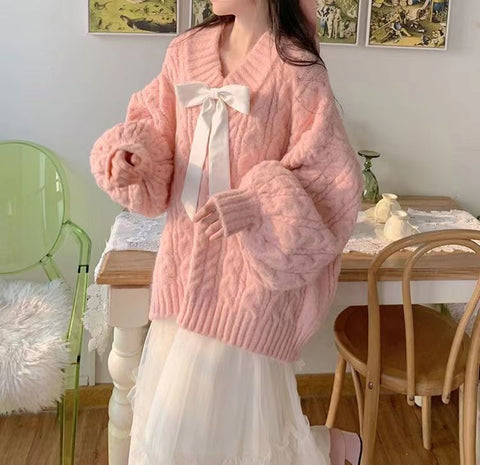 Women's V-neck Twist Lazy Gentle Bow Autumn And Winter Loose Velvet Thickened - Fashionner