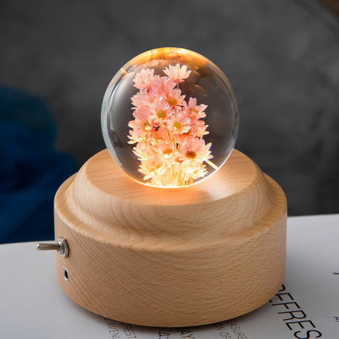 Veilleuse LED Fleur Boule de Cristal Lampe de Nuit pour Enfants avec Base en Bois Lumière Ambiante de Chambre Cadeau Créatif Veilleuse