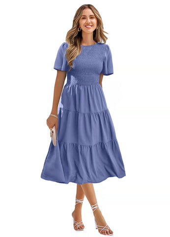 Robe décontractée à col rond pour femme, manches courtes smockées, coupe trapèze, ourlet volanté, mini-robe de plage d'été.