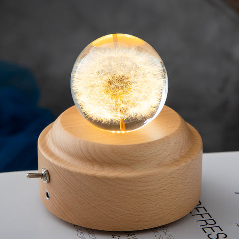 Veilleuse LED Fleur Boule de Cristal Lampe de Nuit pour Enfants avec Base en Bois Lumière Ambiante de Chambre Cadeau Créatif Veilleuse
