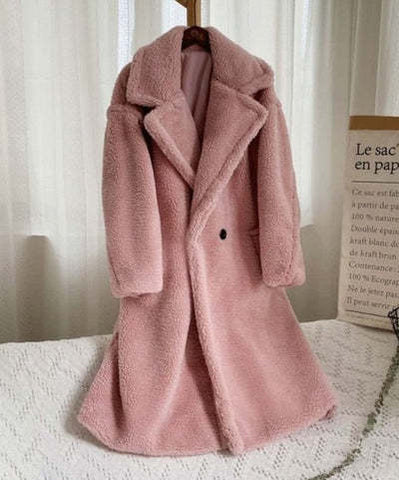 Manteau en Polaire d'Agneau à Revers avec Poches, Manteau en Fausse Fourrure Hiver Chaud Épais Long Coupe-vent Vêtements pour Femmes