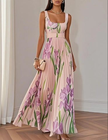 Floral Print Pleated Dress Summer A-Line Sleeveless Midi Dresses Women'S Clothing