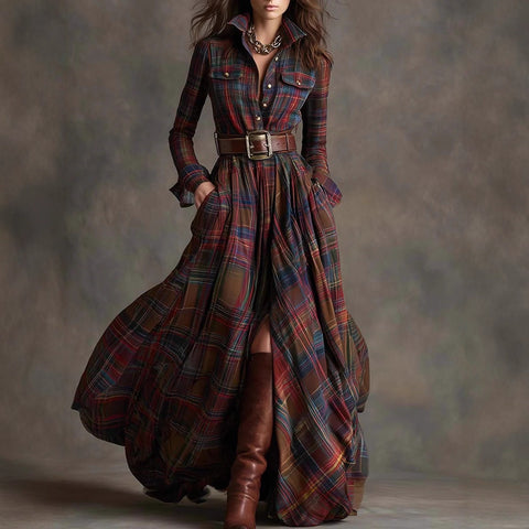 Ins Plaid Print Long-Sleeved Dress Fashion Pockets Collared Buttons Shirt Long Dresses Retro Women's Clothing