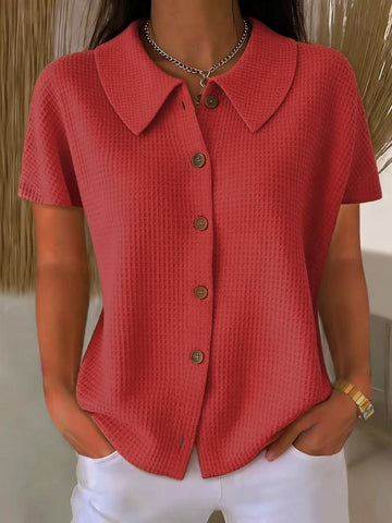 Chemise décontractée ample à manches courtes en tissu gaufré uni avec col rabattu – Haut d'été léger en mélange de coton pour femmes, idéal pour un usage quotidien