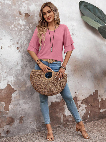 T-shirt ample à col en V et manches volantées, couleur unie, haut mi-manches, vêtements pour femmes
