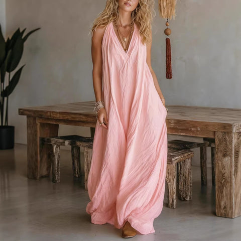 Casual Sleeveless Loose Fit Vest V-neck Long Dress With Front Pockets - Women's Summer Holiday Flowy Sleeveless Long Dresses For Daily Wear