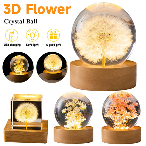 Veilleuse LED Fleur Boule de Cristal Lampe de Nuit pour Enfants avec Base en Bois Lumière Ambiante de Chambre Cadeau Créatif Veilleuse