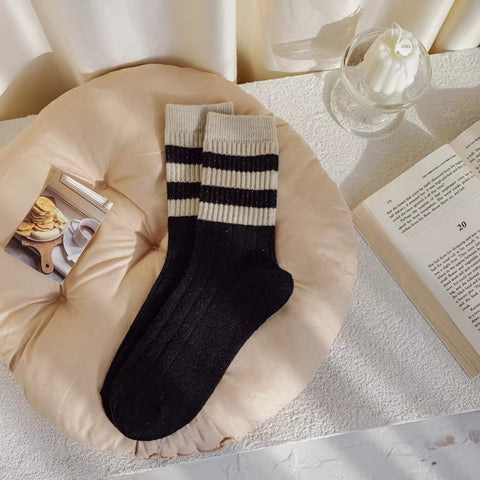 Striped All-matching Thick Warm Middle-long Stockings - Fashionner