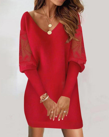 Long-sleeved V-neck Dress Spring And Autumn New Style Lace Splicing Dress For Womens Clothing - Fashionner