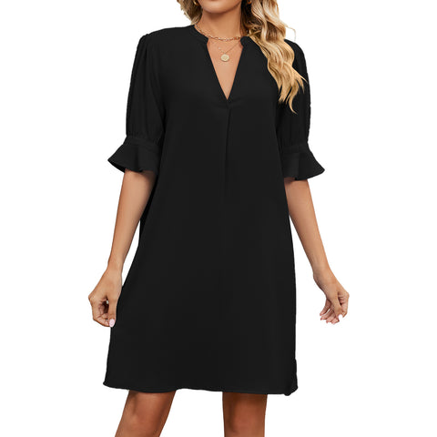 Robe Mi-Longue Plissée à Manches Mi-Longues, Col en V, Couleur Unie, Coupe Ample, Style Européen-Américain pour l'Été